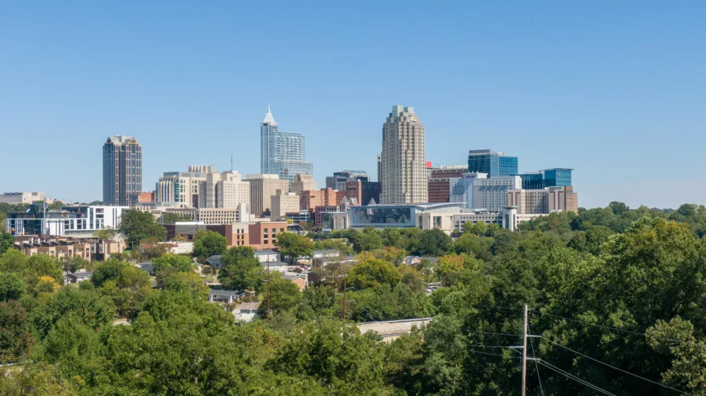 An aerial shot of downtown Raleigh North Carolina